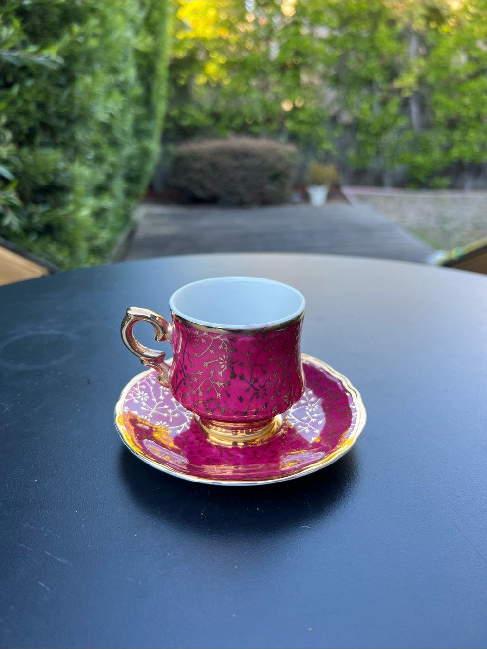Lefton China Hand Painted Demitasse Cup & Saucer Set 6938, Purple Fuchsia, Gold